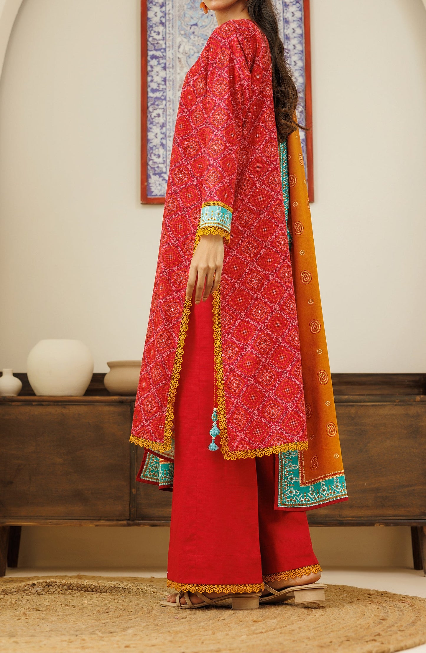 OTL-24-193/U RED KHADDAR Women UNSTITCHED SHIRT DUPATTA PANTS