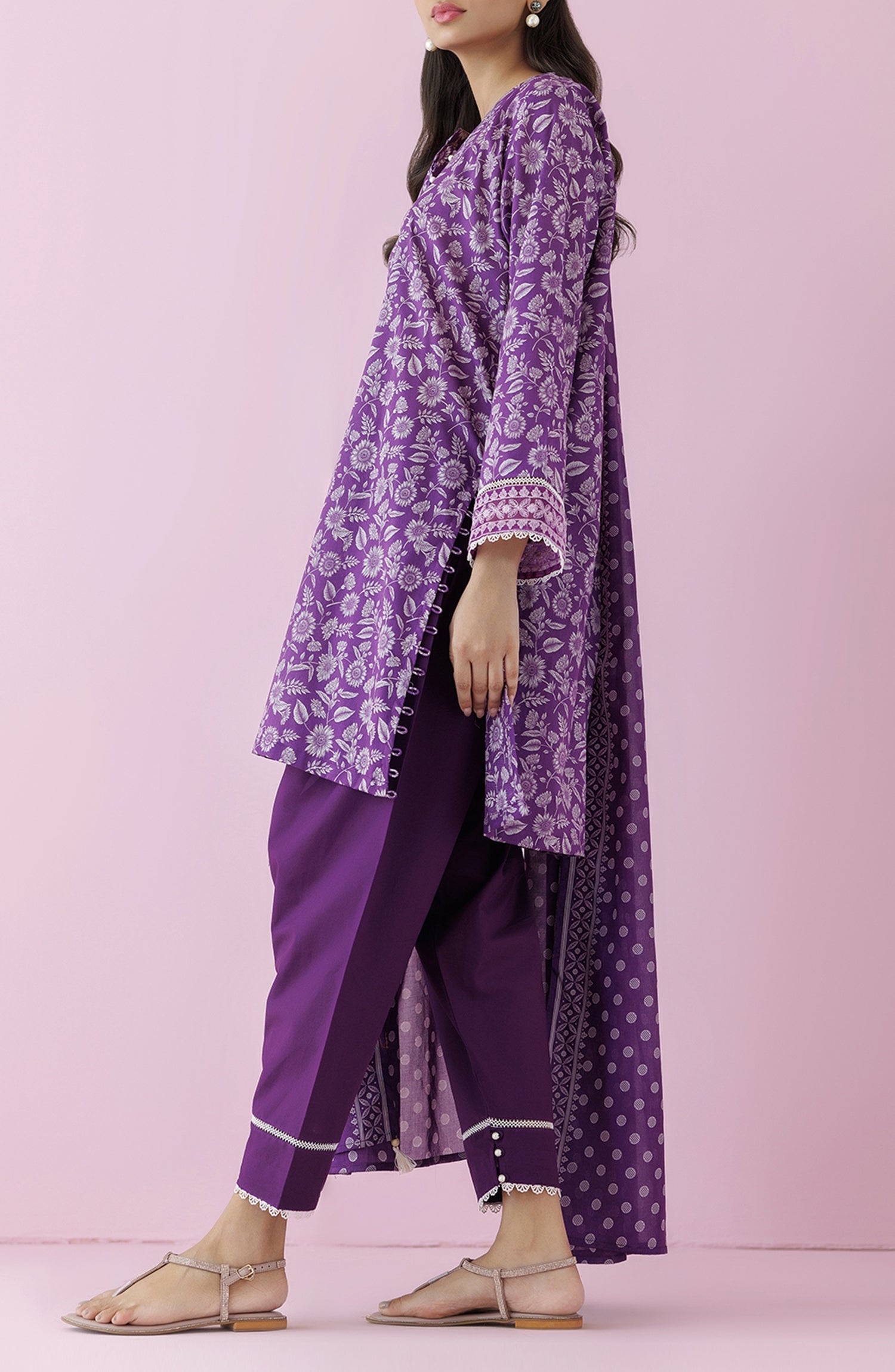 Purple traditional outfit with matching dupatta on a plain traditional shalwar. Unstitched Printed Lawn Shirt Dupatta & Pant - 3 Piece Suits - OTL-20175