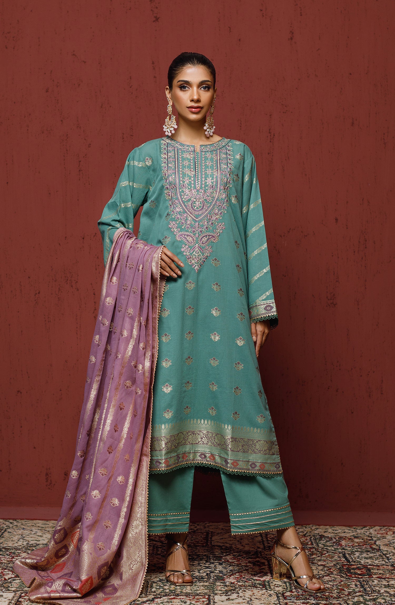 OTLF-23-079 TEAL JACQUARD Women UNSTITCHED SHIRT DUPATTA PANTS