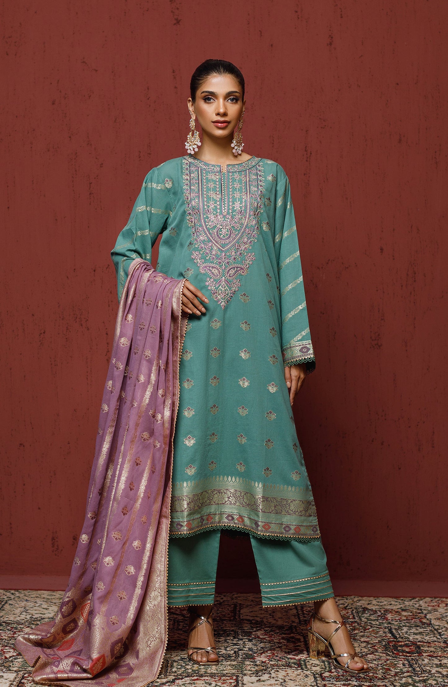 OTLF-23-079 TEAL JACQUARD Women UNSTITCHED SHIRT DUPATTA PANTS