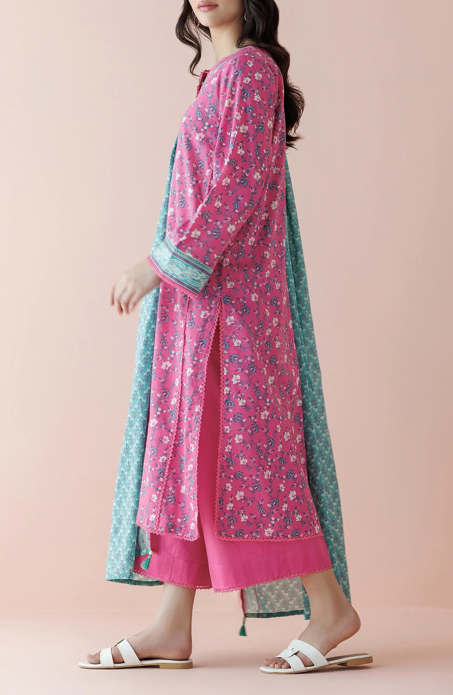 Woman wearing a pink floral kurta with a matching dupatta on a traditional dyed shalwar. Unstitched Printed Lawn Shirt Dupatta & Pant - 3 Piece Suits - OTL-20035