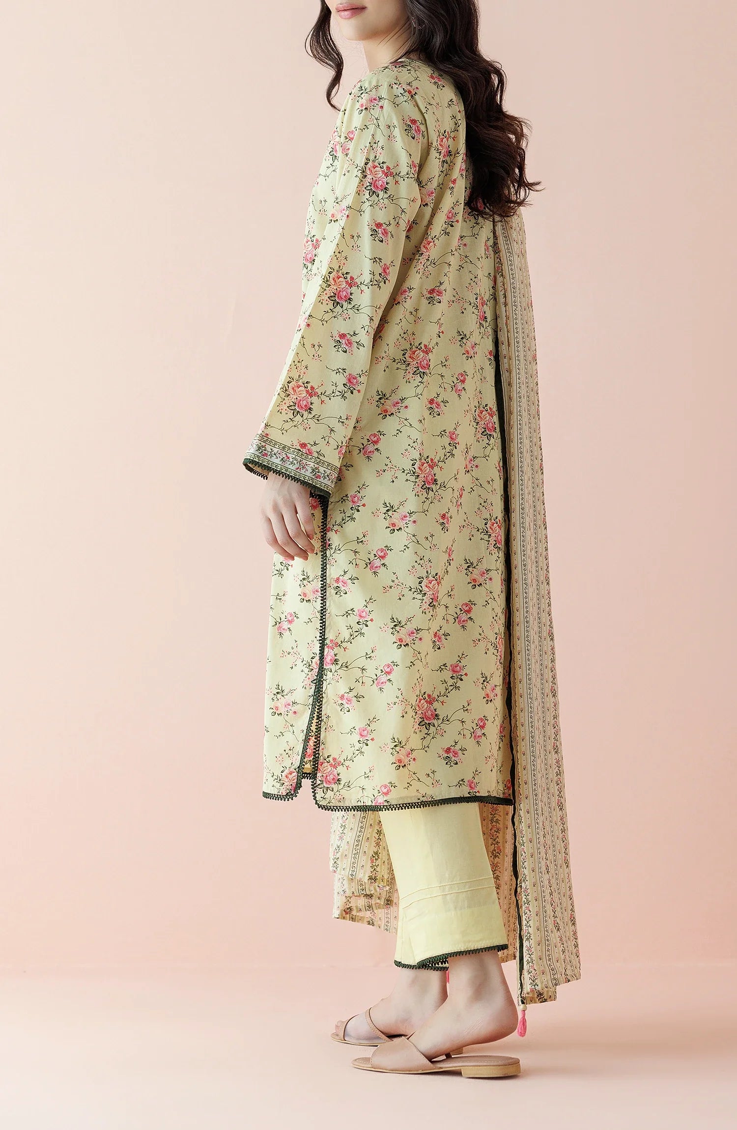Woman wearing a floral dress with a matching dupatta on a plain classic shalwar. Unstitched Printed Lawn Shirt Dupatta & Pant - 3 Piece Suits - OTL-20055