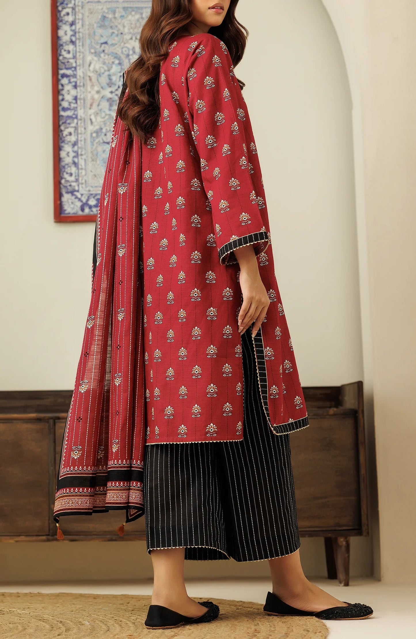 Woman wearing a red traditional outfit with a matching dupatta in a dyed trouser. Unstitched Printed Lawn Shirt Dupatta & Pant - 3 Piece Suits - OTL-20085