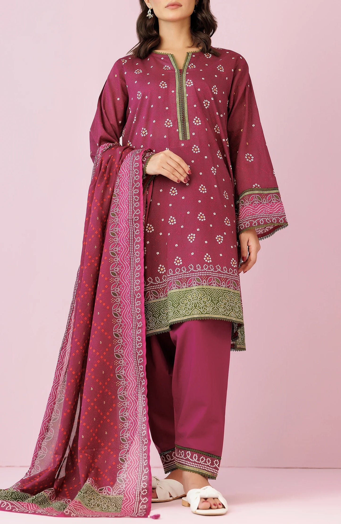 Woman wearing a magenta traditional outfit with a matching dupatta on a plain trouser. Unstitched Printed Lawn Shirt Dupatta & Pant - 3 Piece Suits - OTL-20095