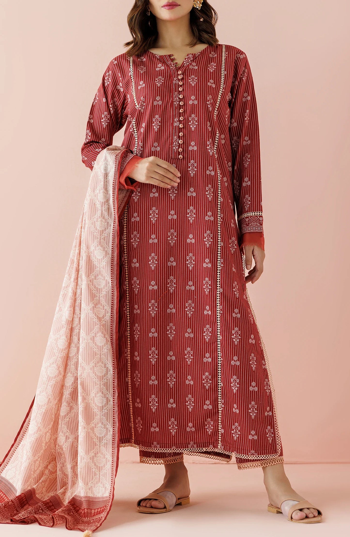 Red patterned kurta with white dupatta on a dyed trouser. Unstitched Printed Lawn Shirt Dupatta & Pant - 3 Piece Suits - OTL-20165