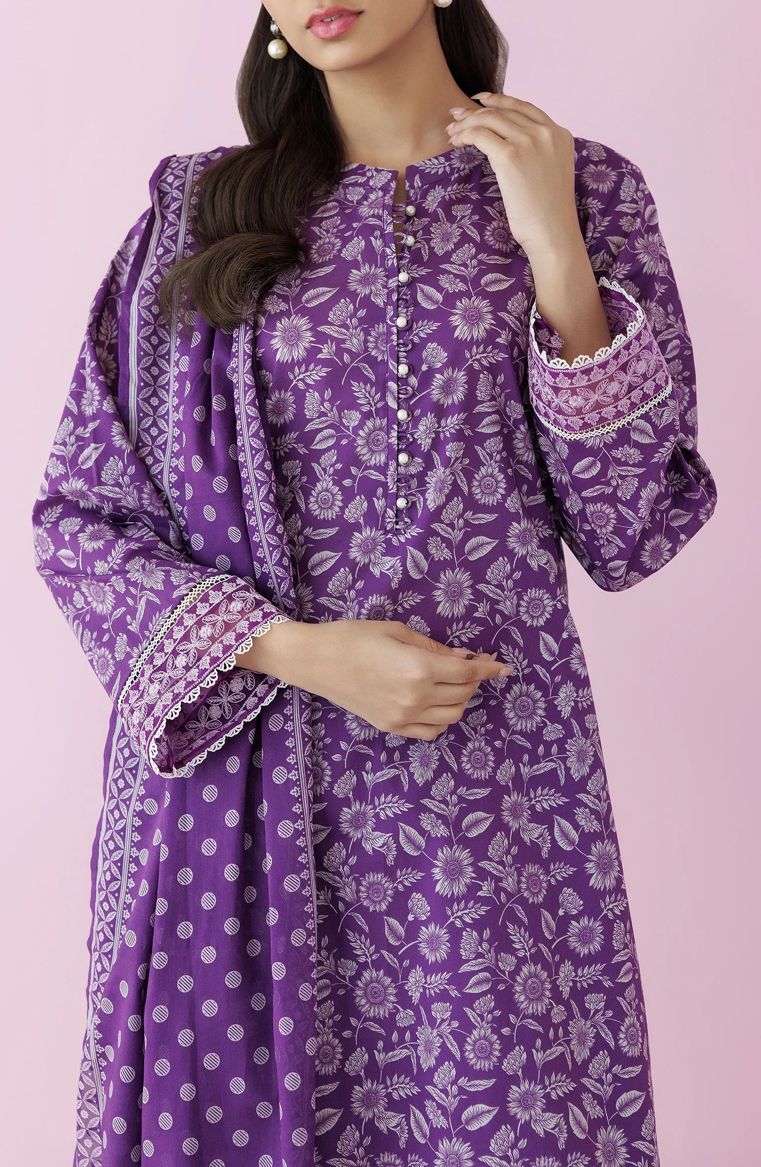Purple traditional outfit with matching dupatta on a plain traditional shalwar. Unstitched Printed Lawn Shirt Dupatta & Pant - 3 Piece Suits - OTL-20175