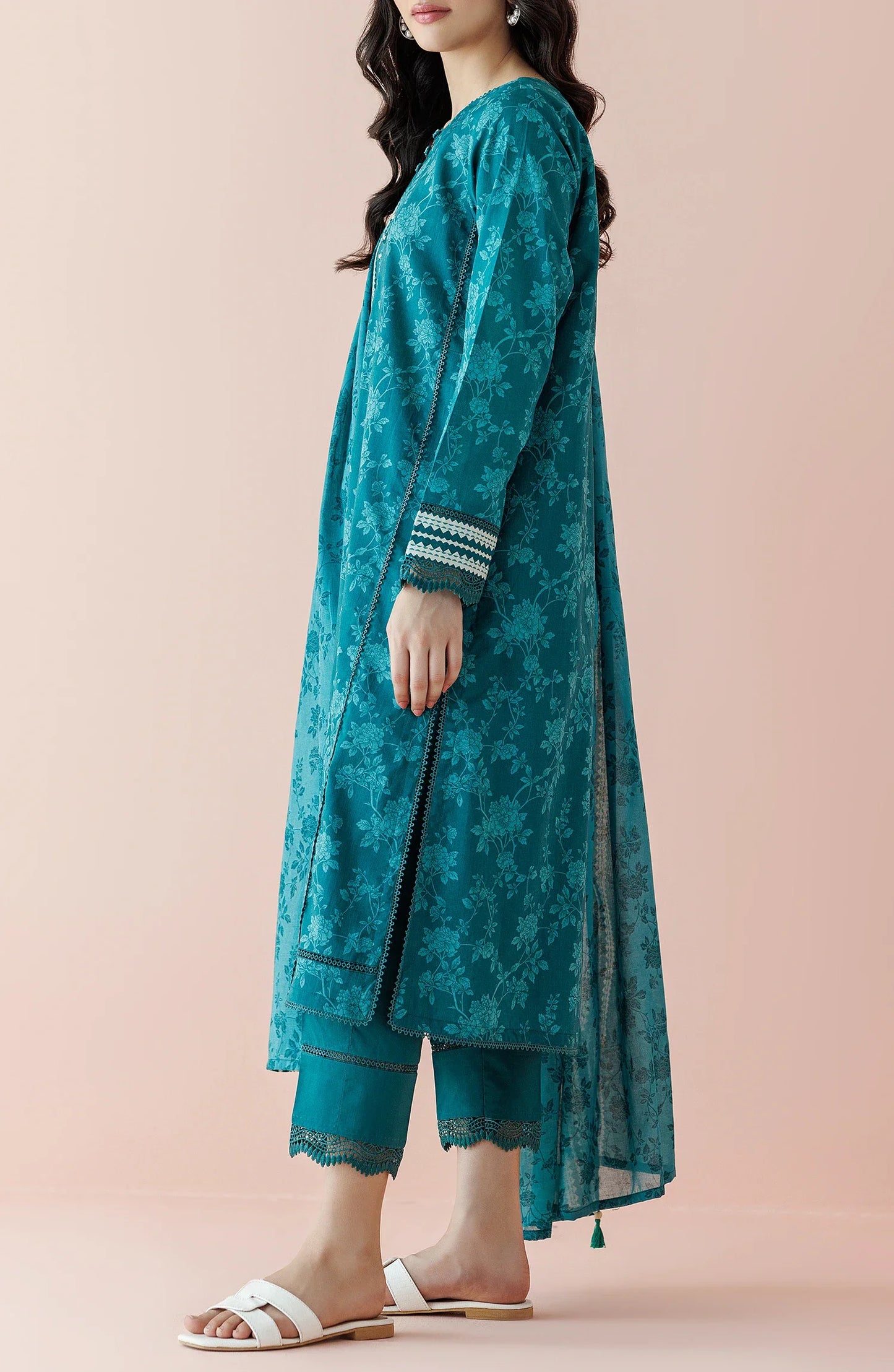 Women wearing a Teal traditional outfit with matching dupatta on a dyed trouser. Unstitched Printed Lawn Shirt Dupatta & Pant - 3 Piece Suits - OTL-20205