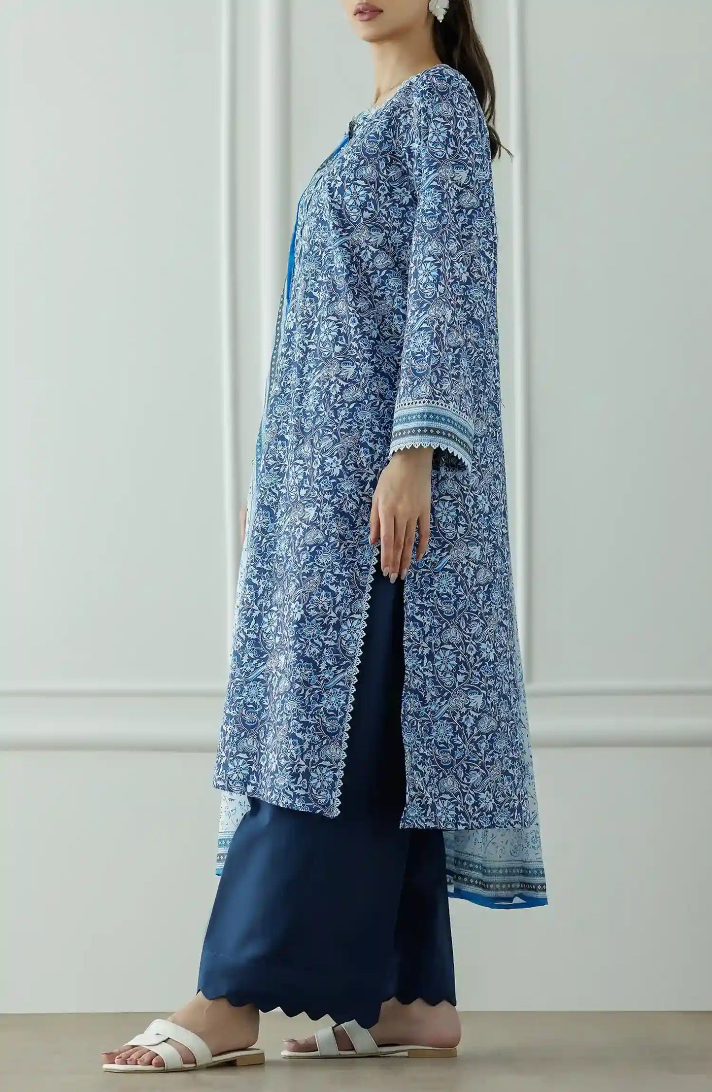 Stitched Printed Lawn Shirt Dupatta & Pant - 3 Piece - OTL-25-044. Woman wearing a patterned dress with a matching dupatta.