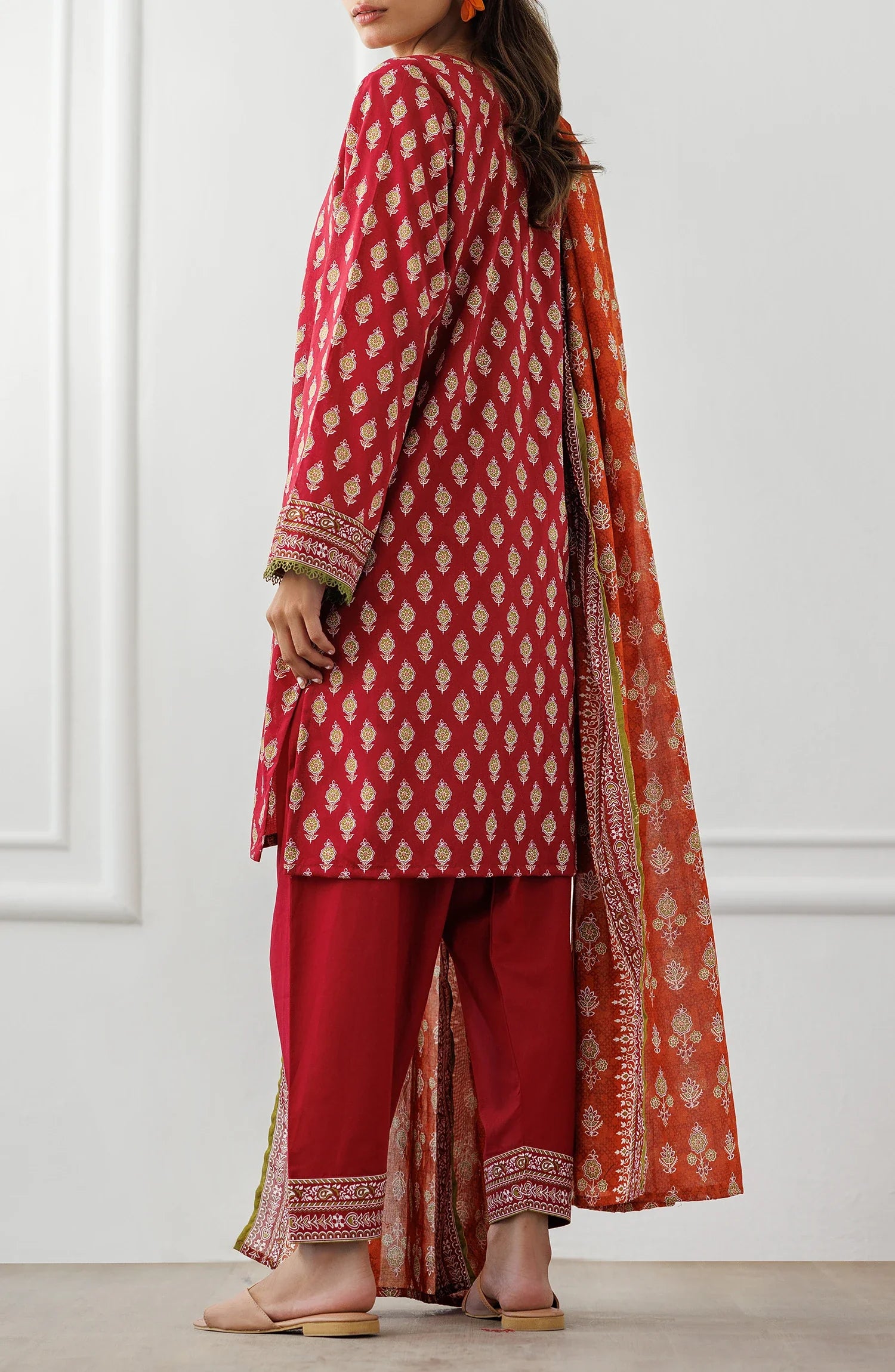 Red and orange traditional outfit with matching dupatta on a dyed shalwar. Unstitched Printed Lawn Shirt Dupatta & Pant - 3 Piece Suits - OTL-25-332