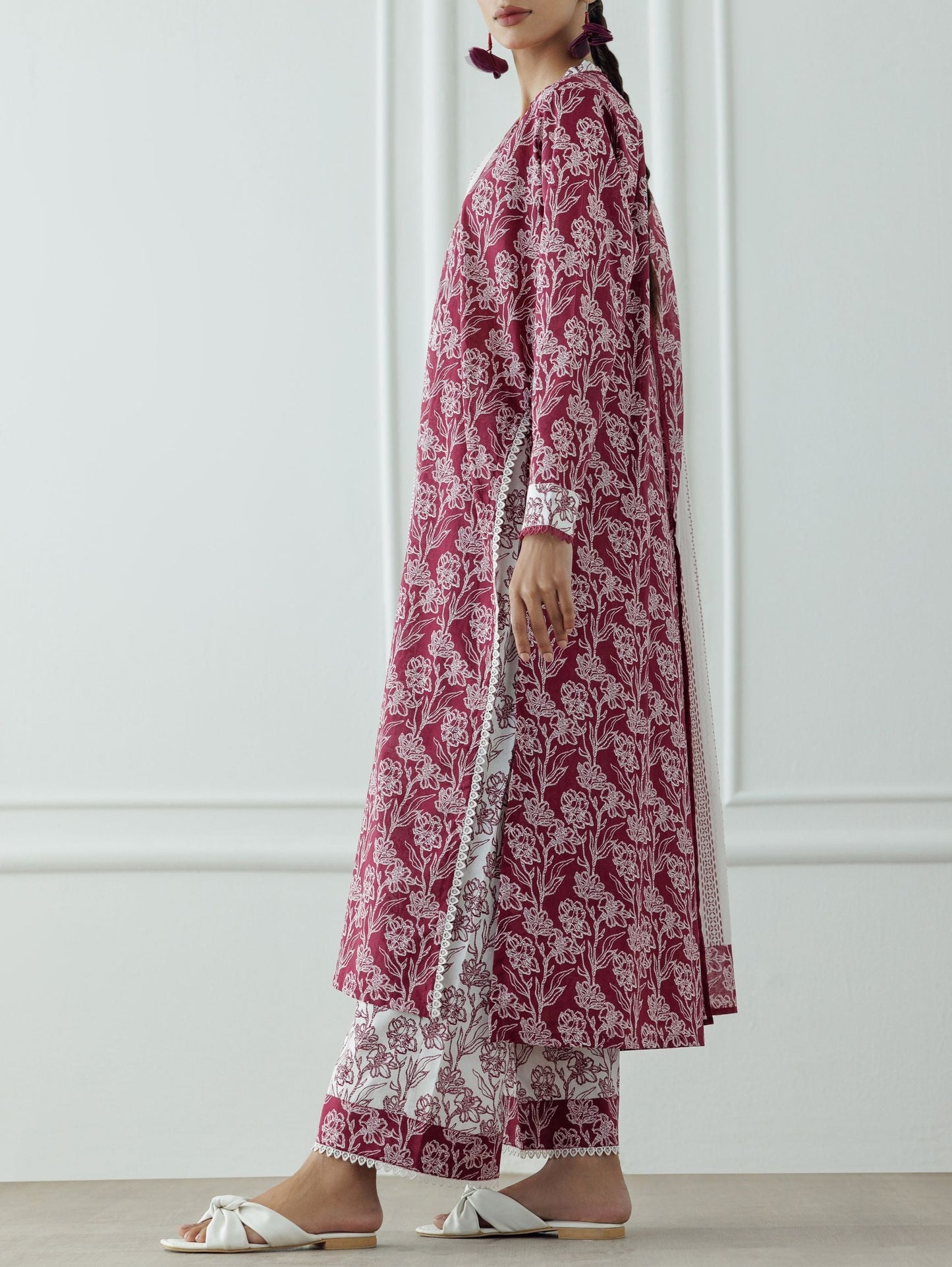 Stitched Printed Lawn Shirt Dupatta & Pant - 3 Piece - OTL-25-067. Woman wearing a patterned dress with a matching dupatta.