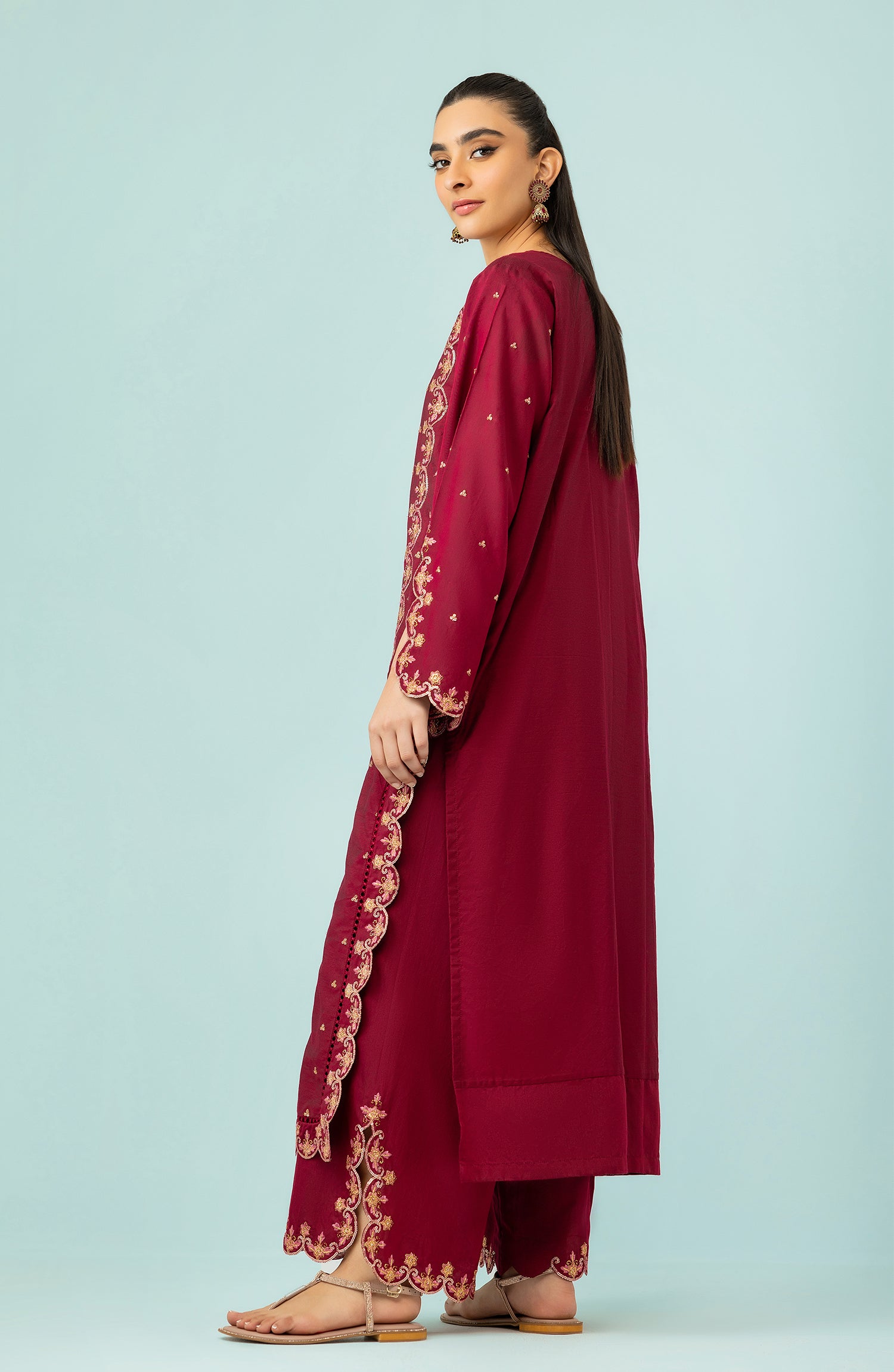 WRFC23W-2006/S RED COTTON SILK Women READY TO WEAR SHIRT PANTS