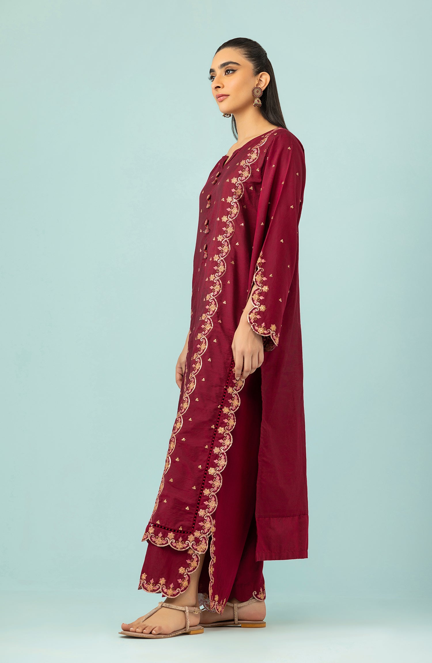 WRFC23W-2006/S RED COTTON SILK Women READY TO WEAR SHIRT PANTS