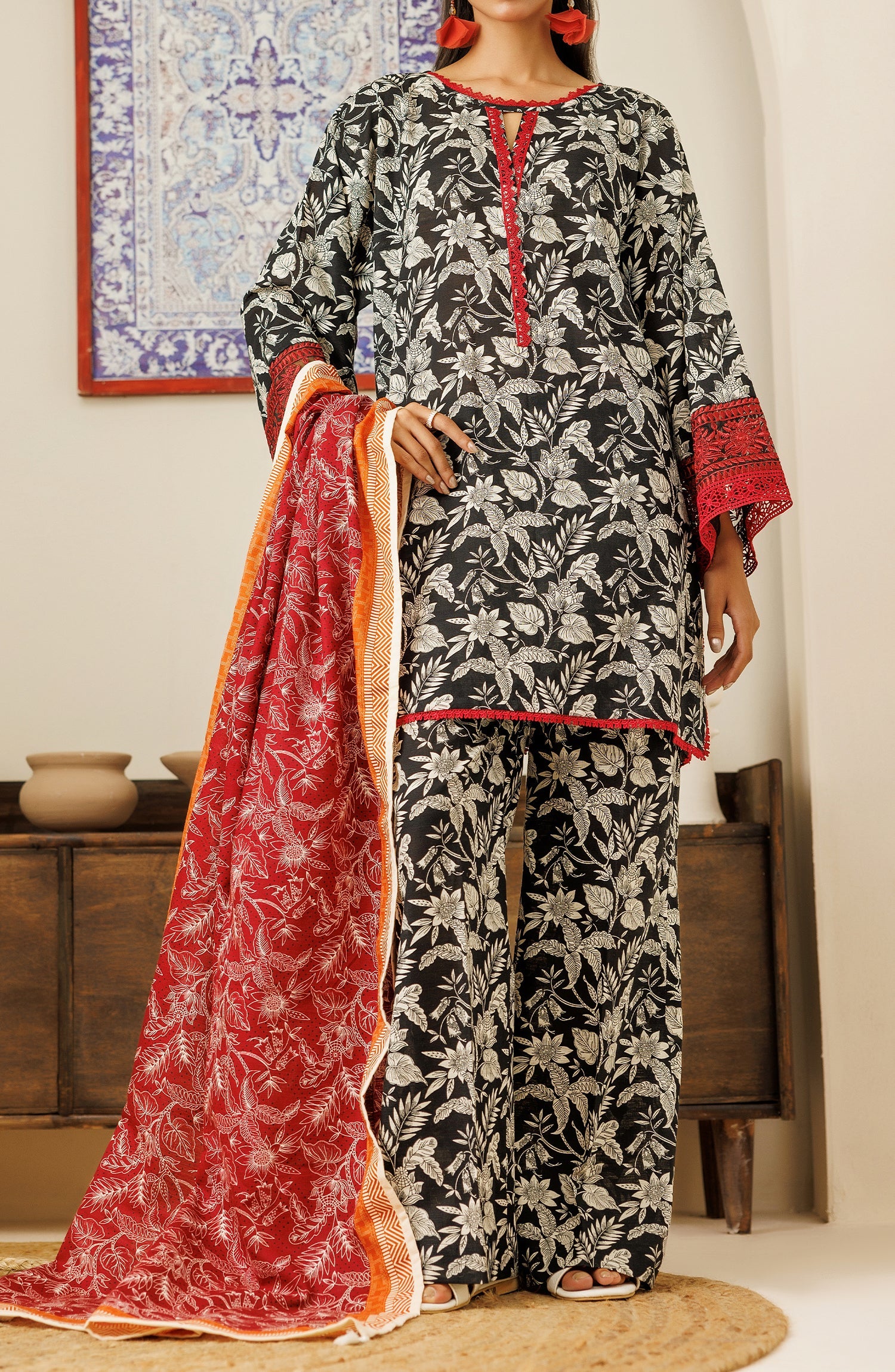 OTL-24-448/U BLACK KHADDAR Women UNSTITCHED SHIRT DUPATTA PANTS