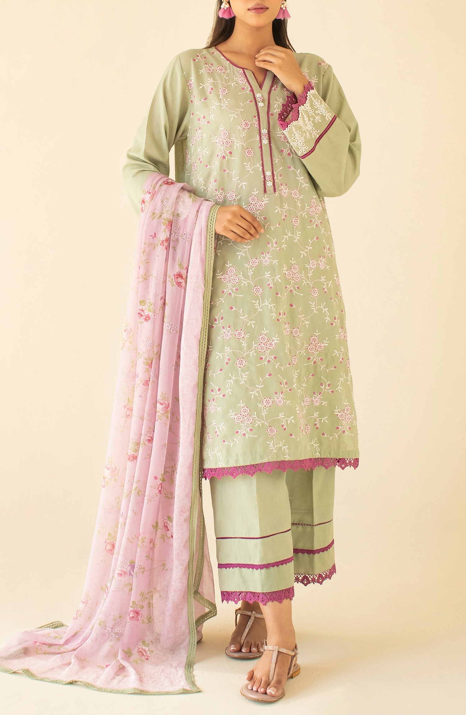 OTL-24-248/U LIGHT GREEN KARANDI Women UNSTITCHED SHIRT DUPATTA PANTS