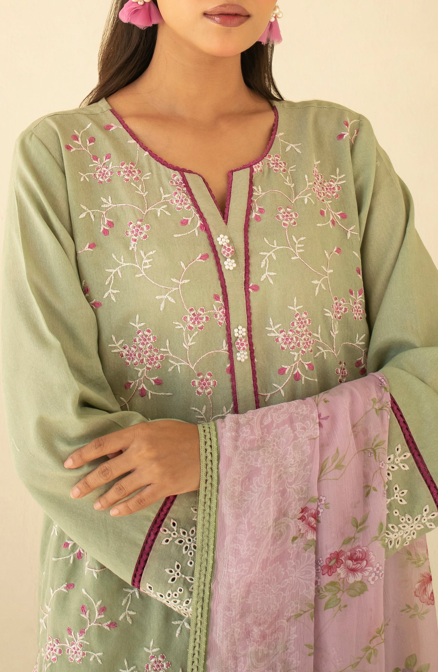 OTL-24-248/U LIGHT GREEN KARANDI Women UNSTITCHED SHIRT DUPATTA PANTS