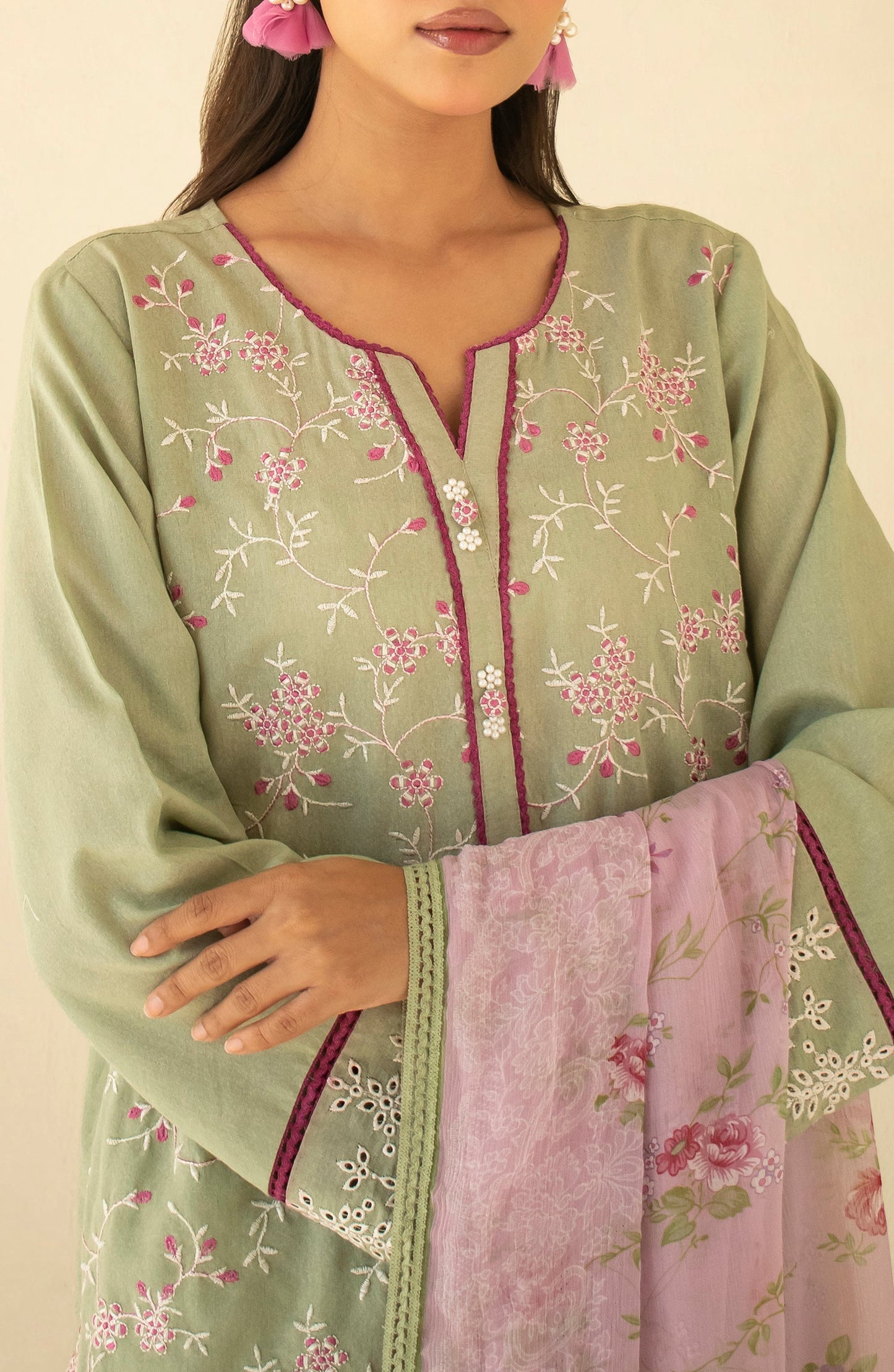 OTL-24-248/U LIGHT GREEN KARANDI Women UNSTITCHED SHIRT DUPATTA PANTS