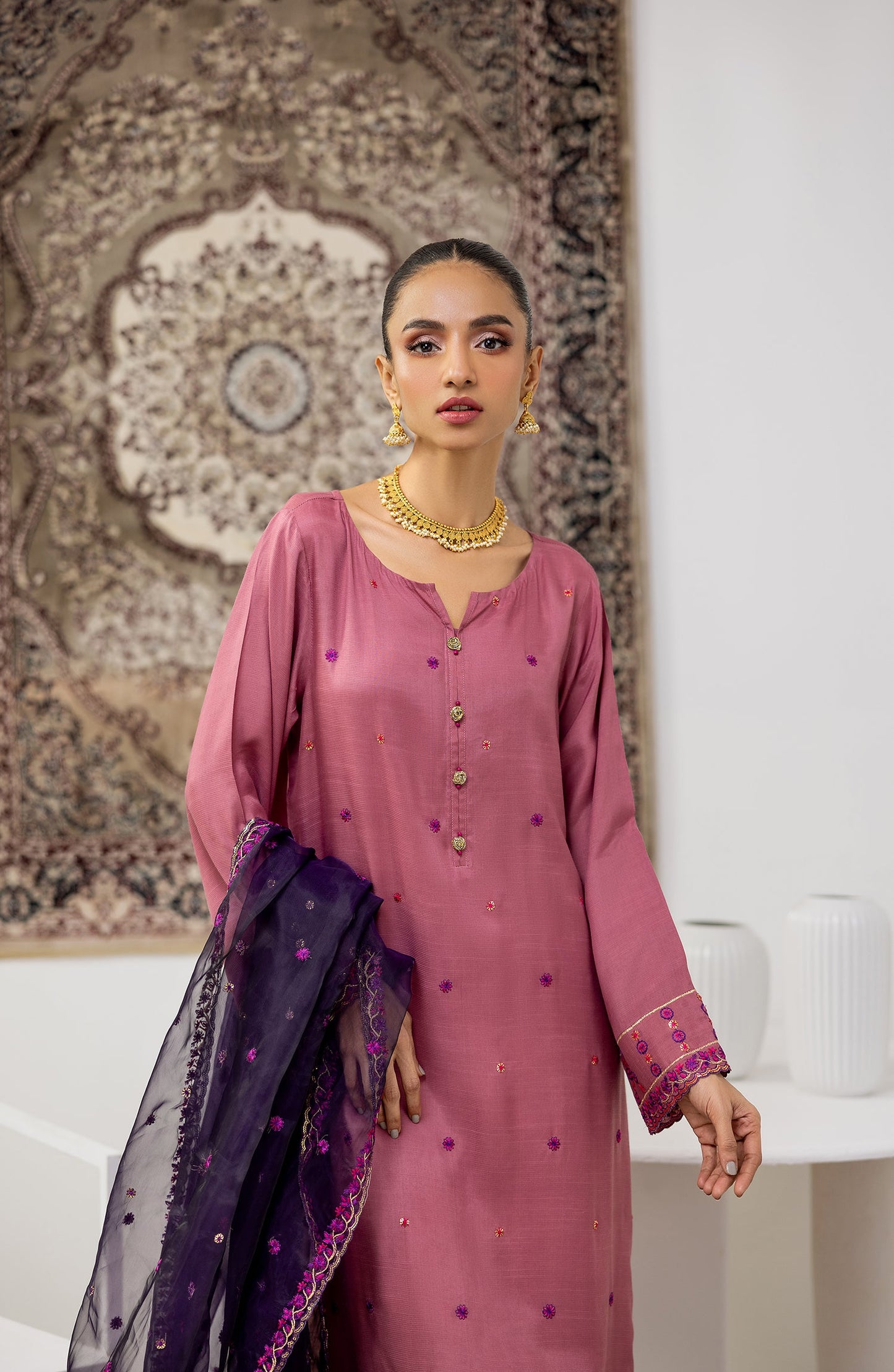 NF-SDT-23-028/S DARK PINK RAW SILK Women READY TO WEAR SHIRT DUPATTA PANTS