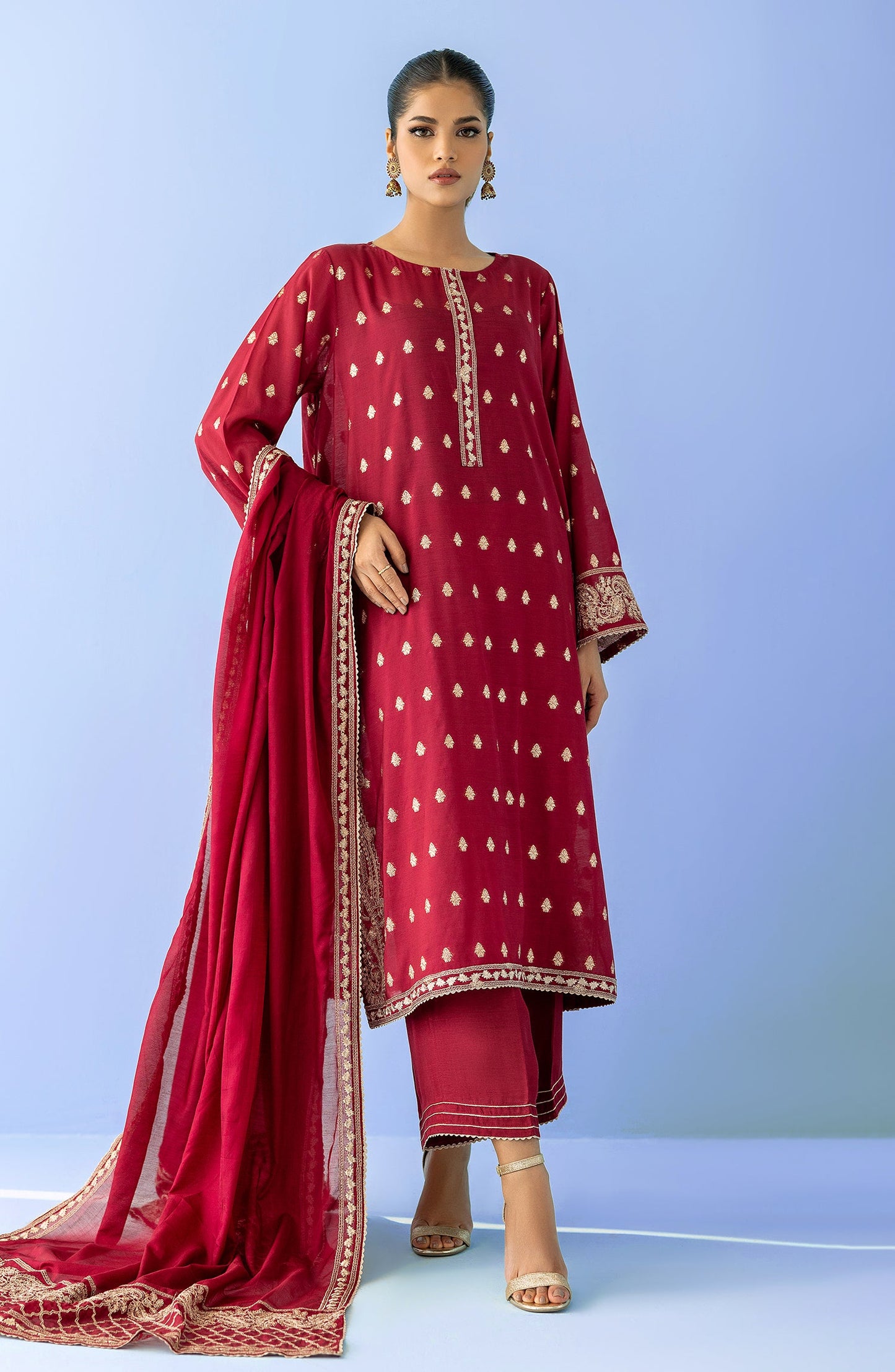 OTLF-23-071 RED JACQUARD Women UNSTITCHED SHIRT DUPATTA PANTS