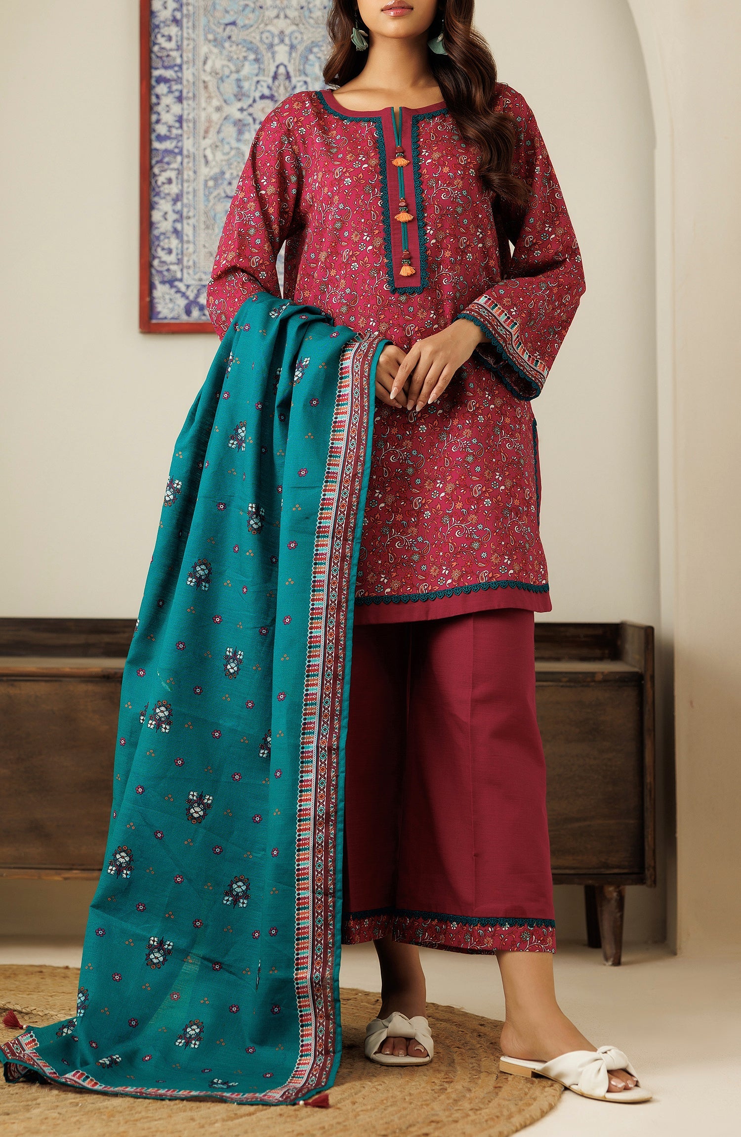 OTL-24-332/U DARK PINK KHADDAR Women UNSTITCHED SHIRT DUPATTA PANTS