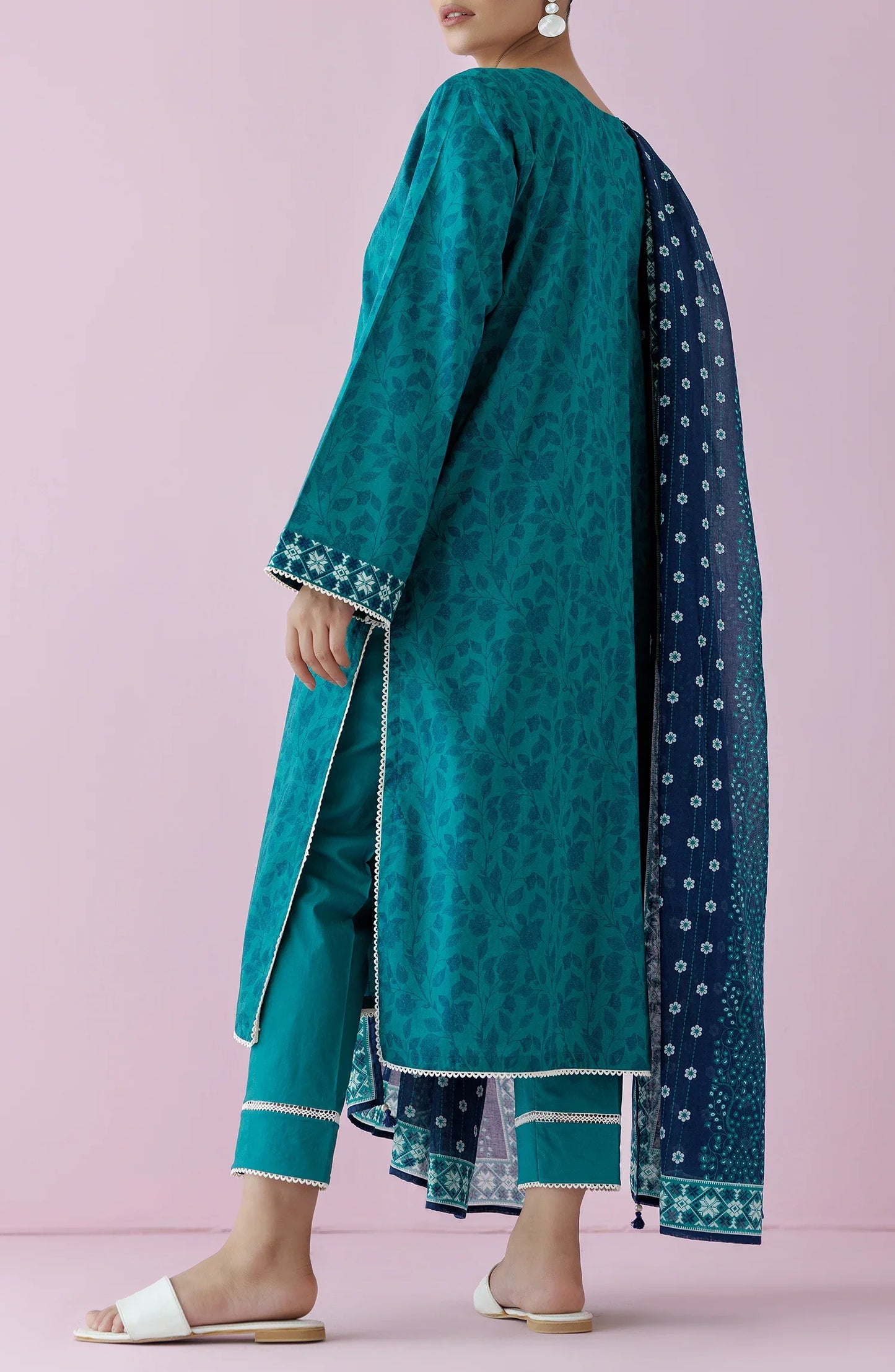 Teal traditional outfit with matching dupatta on a dyed plain trouser. Unstitched Printed Lawn Shirt Dupatta & Pant - 3 Piece Suits - OTL-20065