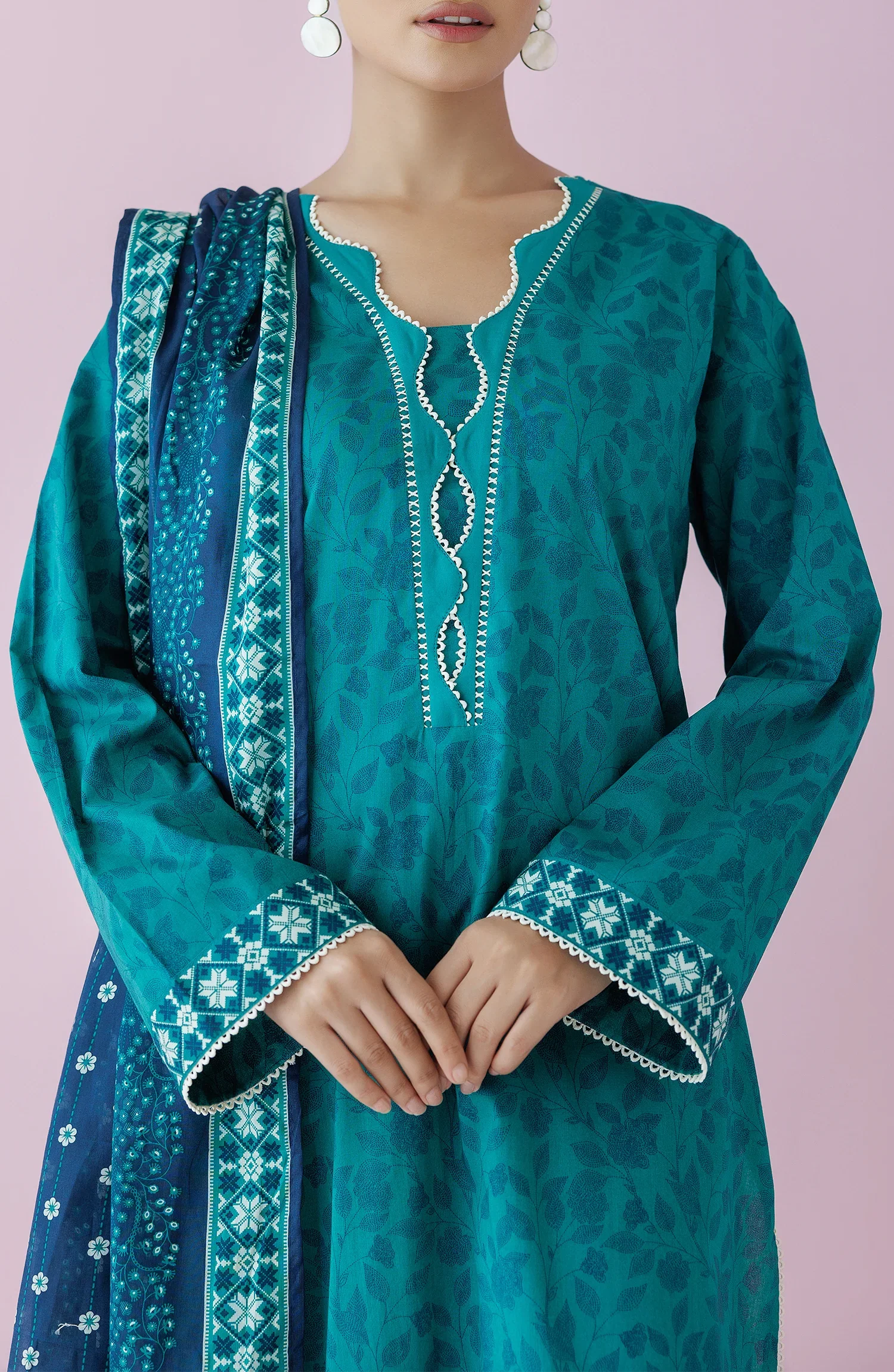 Teal traditional outfit with matching dupatta on a dyed plain trouser. Unstitched Printed Lawn Shirt Dupatta & Pant - 3 Piece Suits - OTL-20065