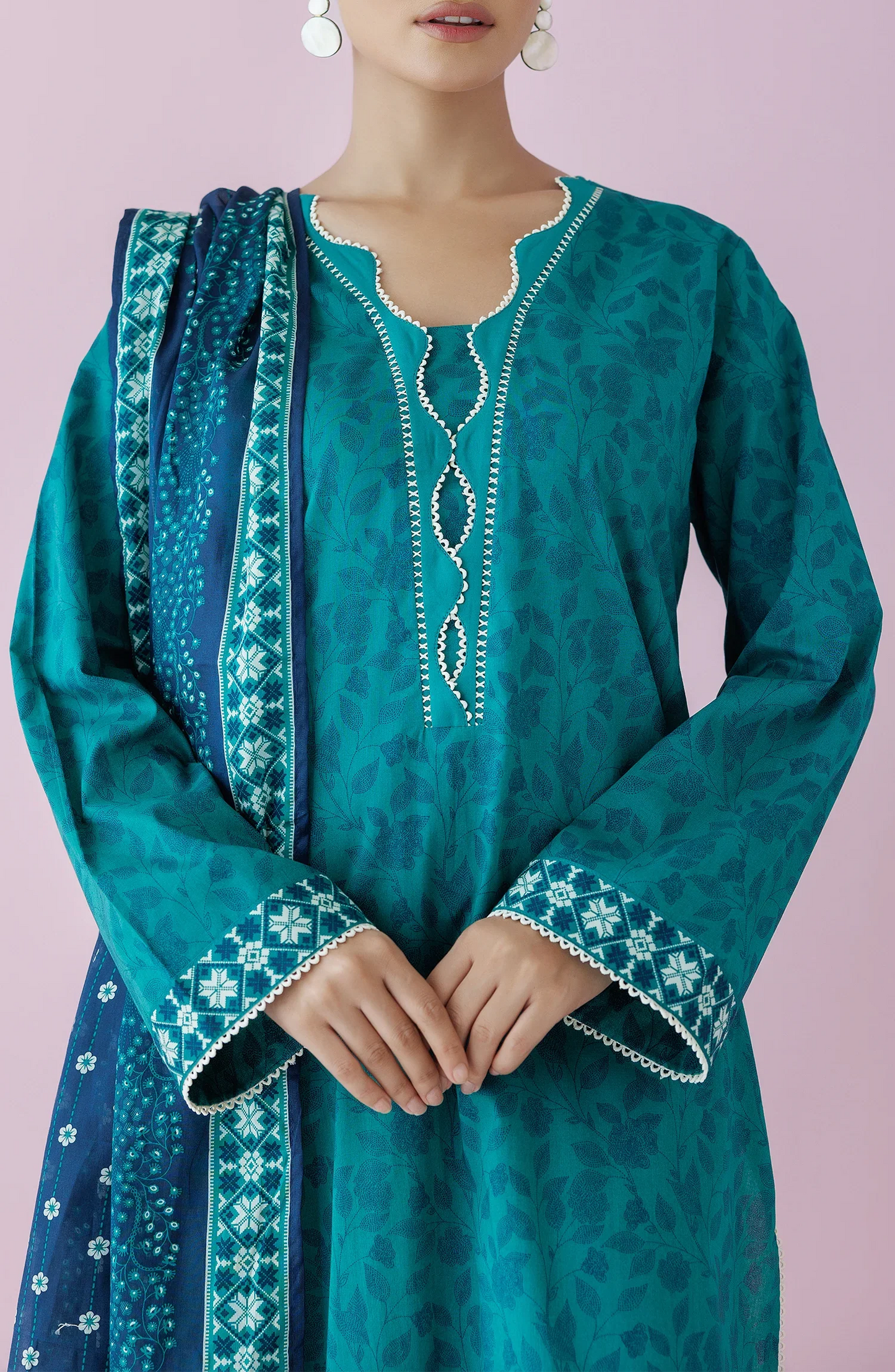 Teal traditional outfit with matching dupatta on a dyed plain trouser. Unstitched Printed Lawn Shirt Dupatta & Pant - 3 Piece Suits - OTL-20065