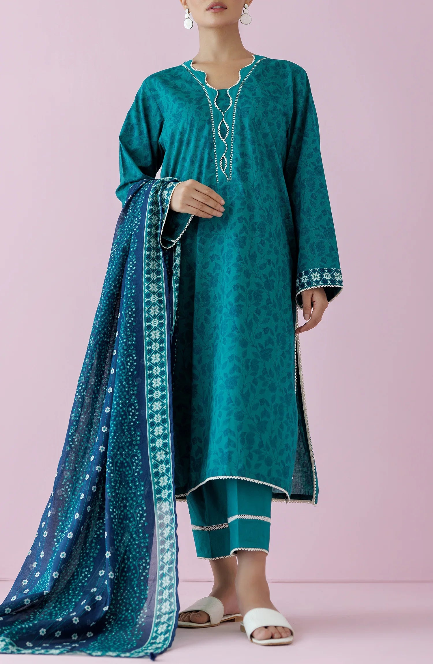 Teal traditional outfit with matching dupatta on a dyed plain trouser. Unstitched Printed Lawn Shirt Dupatta & Pant - 3 Piece Suits - OTL-20065