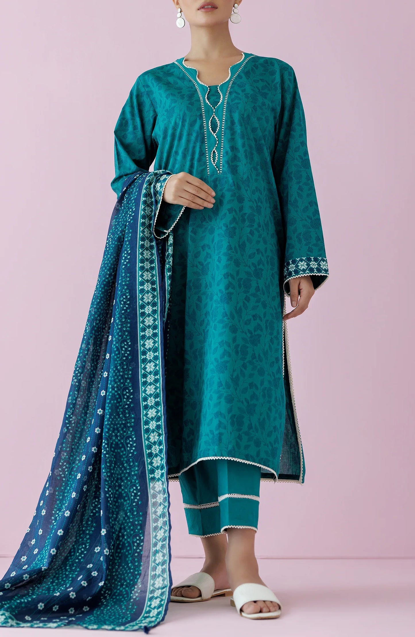 Teal traditional outfit with matching dupatta on a dyed plain trouser. Unstitched Printed Lawn Shirt Dupatta & Pant - 3 Piece Suits - OTL-20065