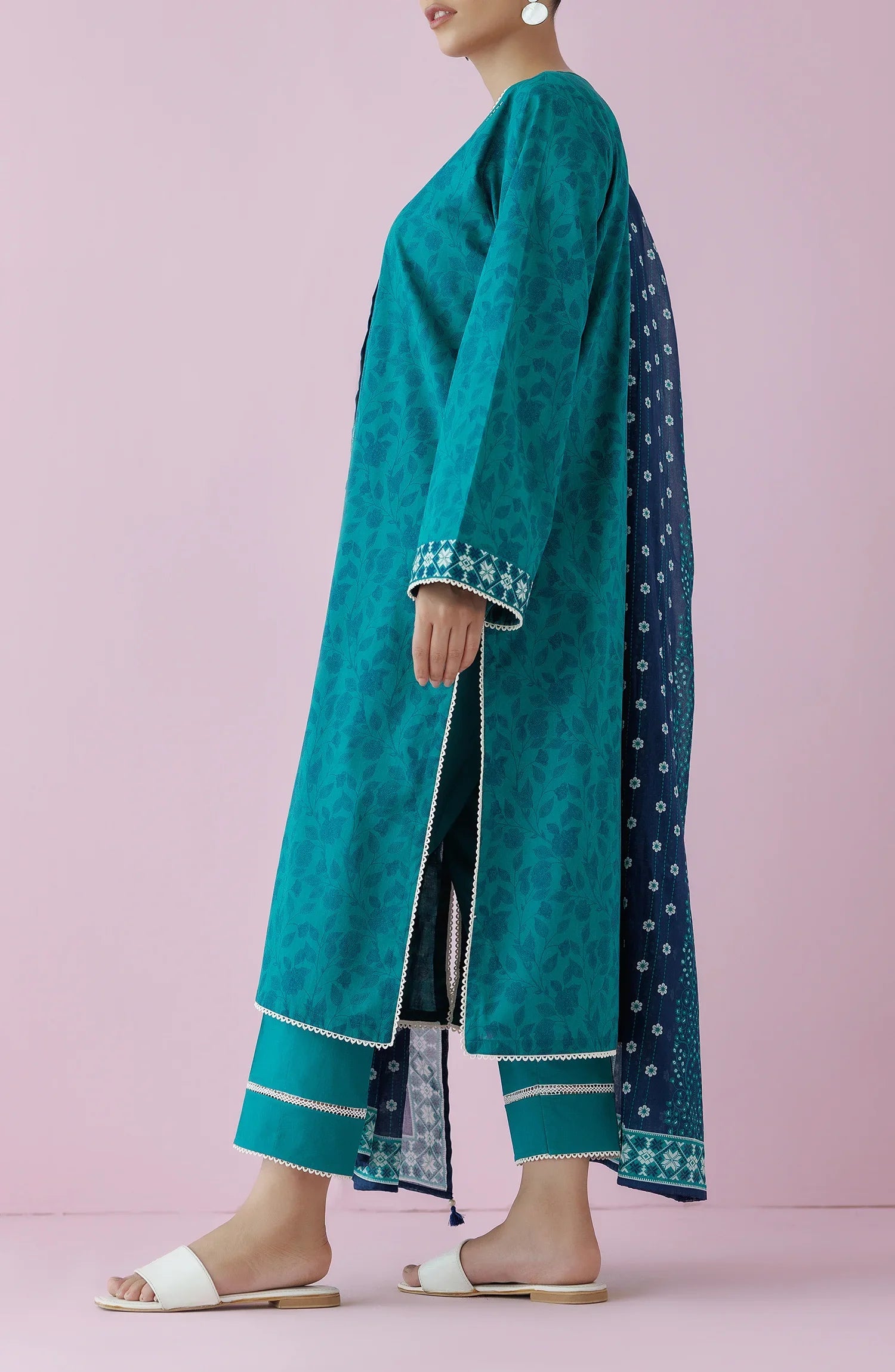 Teal traditional outfit with matching dupatta on a dyed plain trouser. Unstitched Printed Lawn Shirt Dupatta & Pant - 3 Piece Suits - OTL-20065