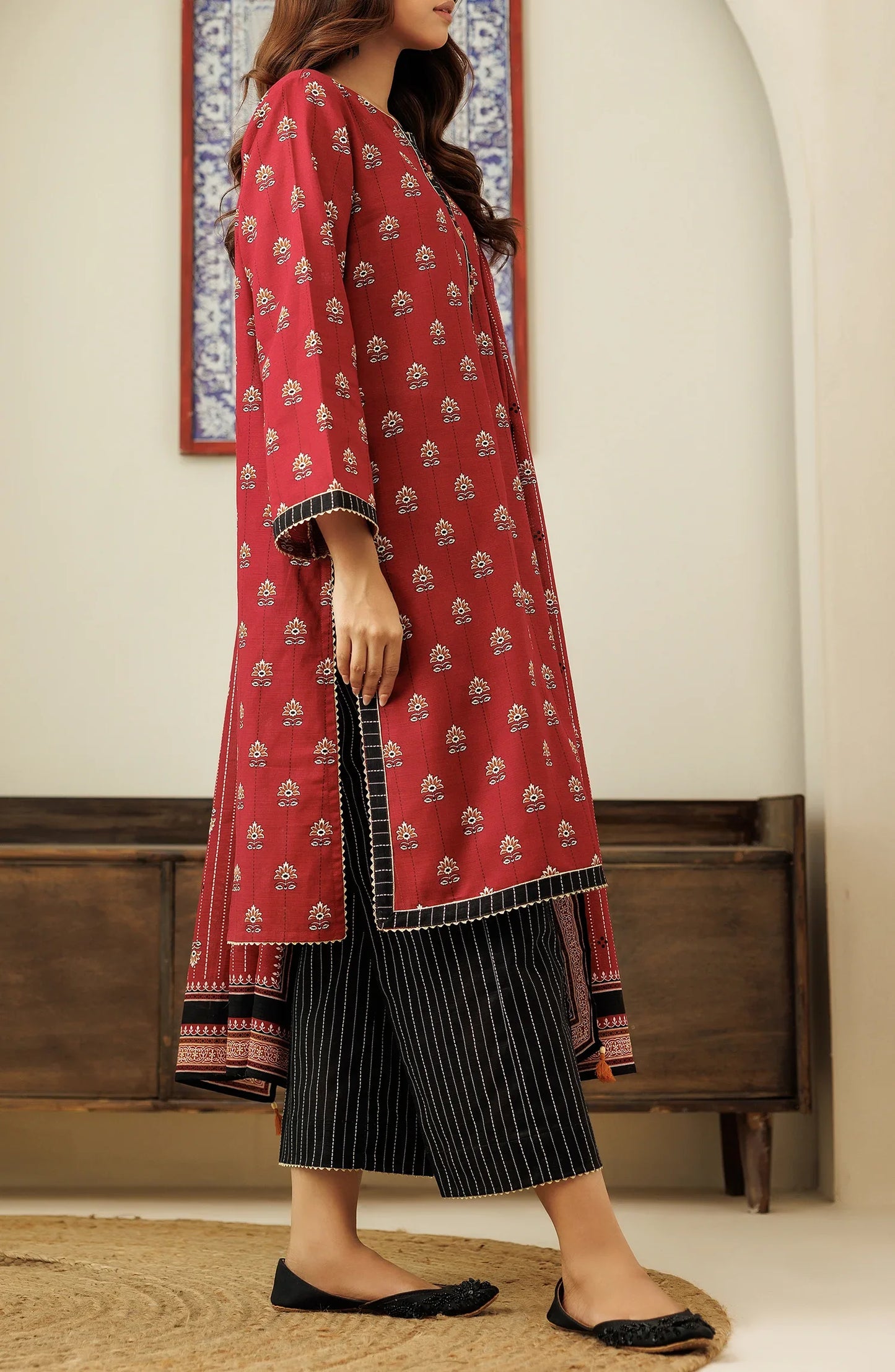 Woman wearing a red traditional outfit with a matching dupatta in a dyed trouser. Unstitched Printed Lawn Shirt Dupatta & Pant - 3 Piece Suits - OTL-20085