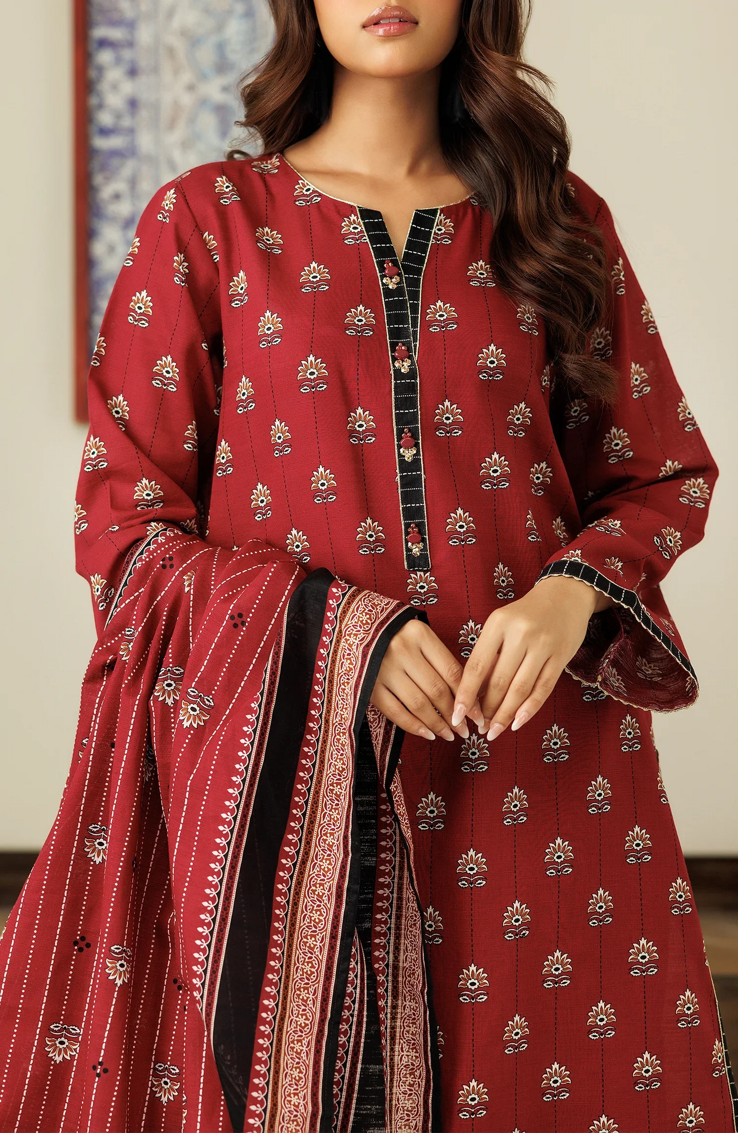 Woman wearing a red traditional outfit with a matching dupatta in a dyed trouser. Unstitched Printed Lawn Shirt Dupatta & Pant - 3 Piece Suits - OTL-20085