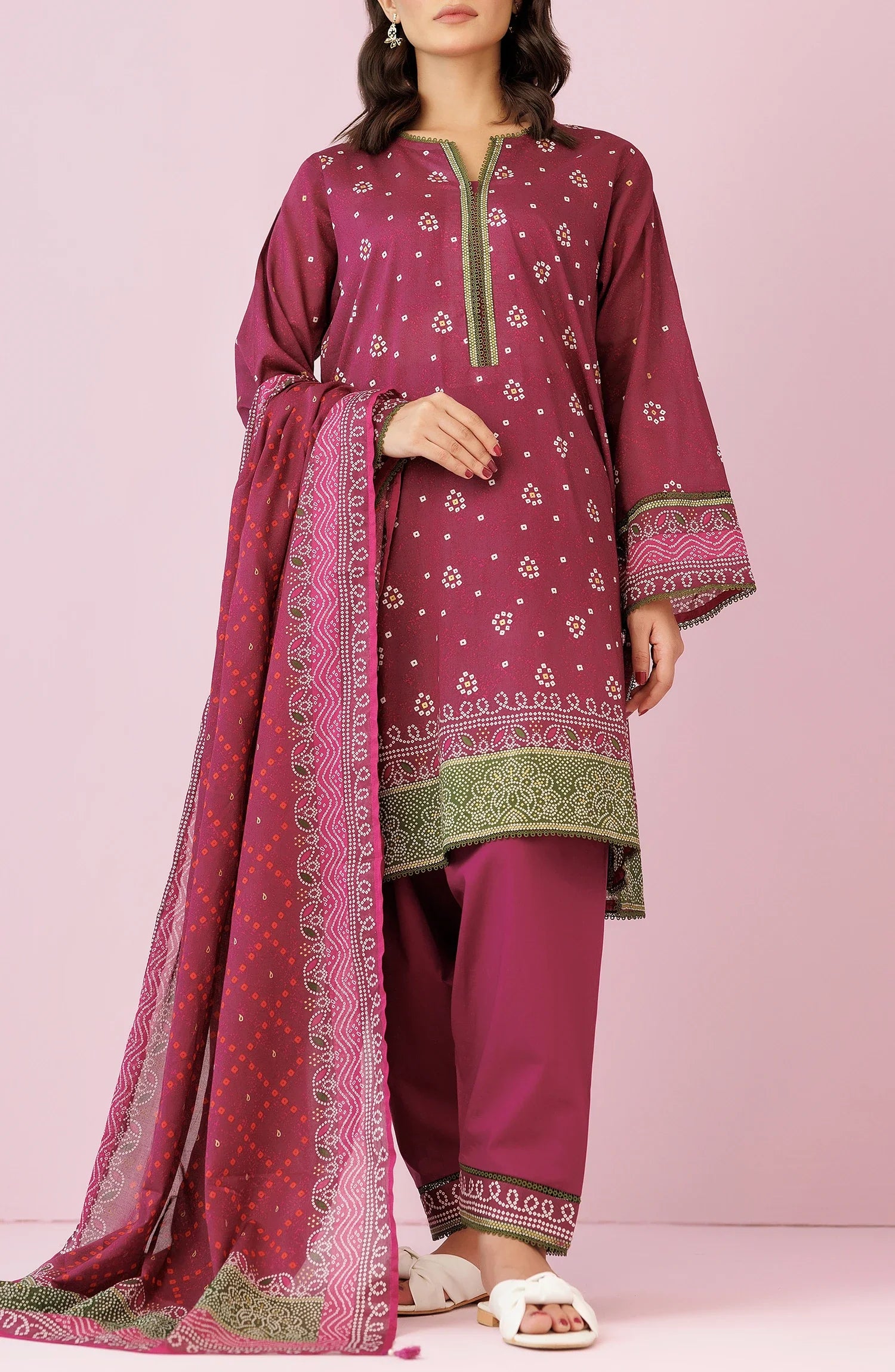 Woman wearing a magenta traditional outfit with a matching dupatta on a plain trouser. Unstitched Printed Lawn Shirt Dupatta & Pant - 3 Piece Suits - OTL-20095