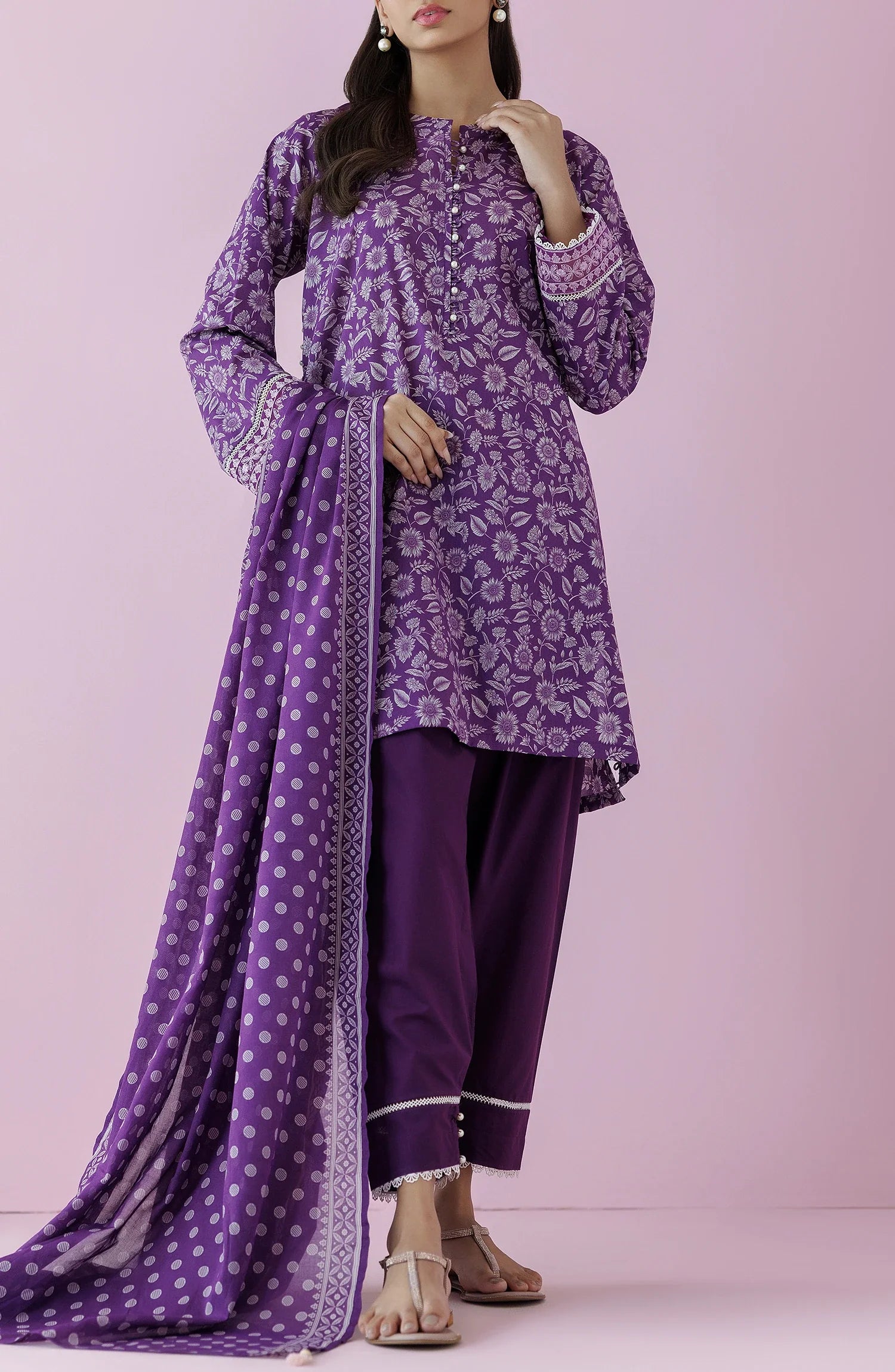 Purple traditional outfit with matching dupatta on a plain traditional shalwar. Unstitched Printed Lawn Shirt Dupatta & Pant - 3 Piece Suits - OTL-20175