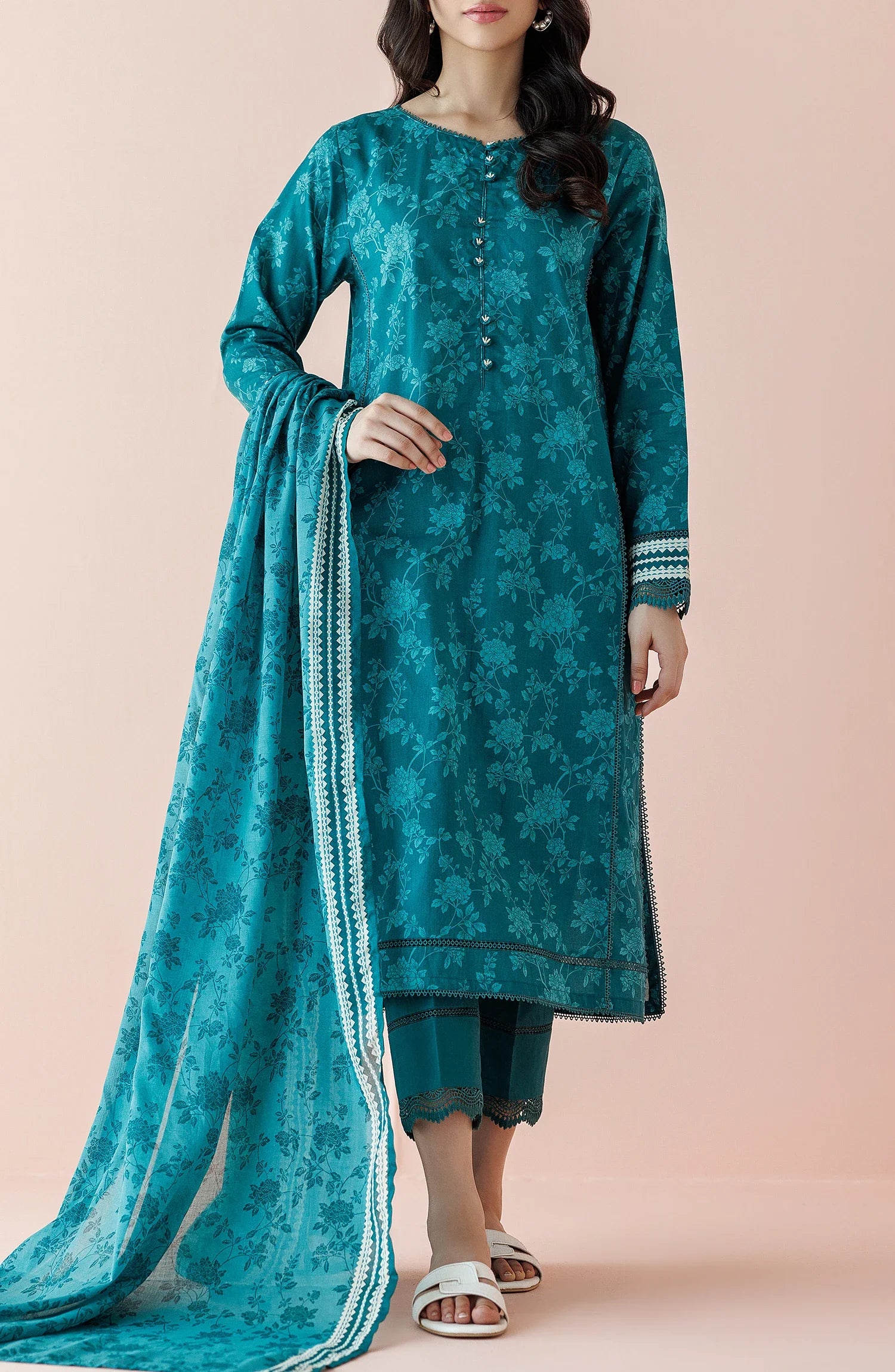 Women wearing a Teal traditional outfit with matching dupatta on a dyed trouser. Unstitched Printed Lawn Shirt Dupatta & Pant - 3 Piece Suits - OTL-20205