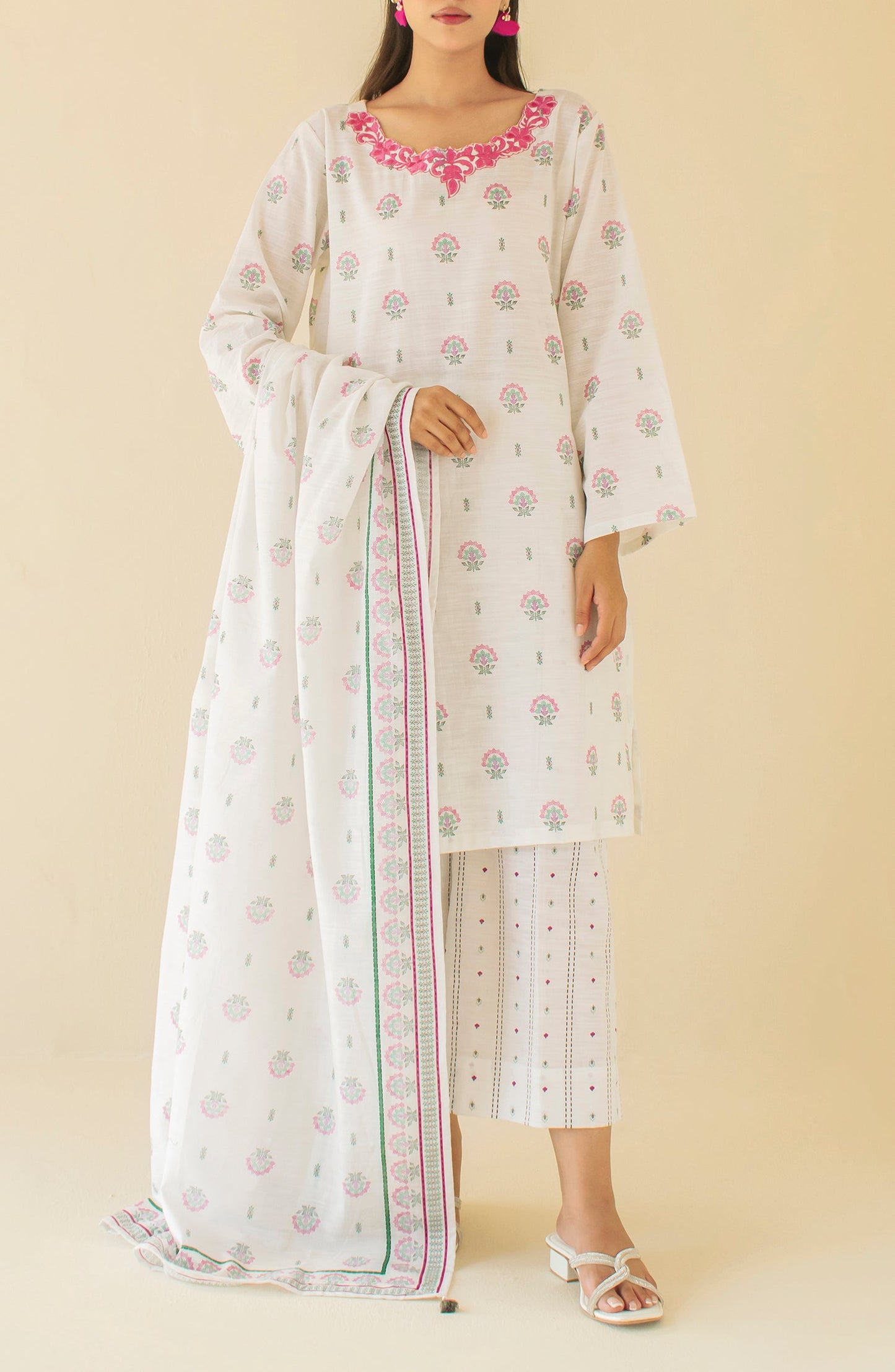OTL-24-377/U WHITE KHADDAR Women UNSTITCHED SHIRT DUPATTA PANTS